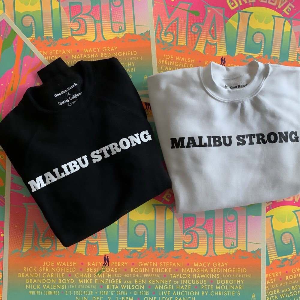 Gracias california. On the right is a black sweatshirt with white text. The right is a white sweatshirt with black text. The text reads Malibu Strong.