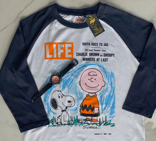TSPTR Life Magazine Raglan T-Shirt. White shirt with dark navy blue sleeves. A life magazine cover of Charlie Brown and Snoopy are on the front. 