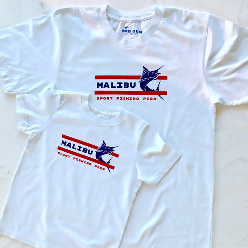 One Gun Ranch Malibu Sport Fishing Kids T-shirt. White shirt with a swordfish design on it. 