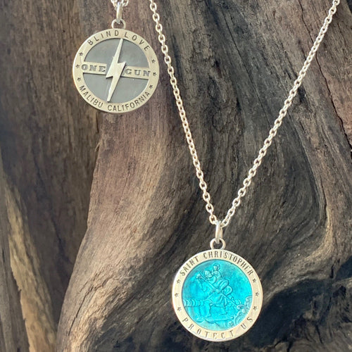 St Christopher, One Gun Blind love Necklace. Blue and silver round necklace
