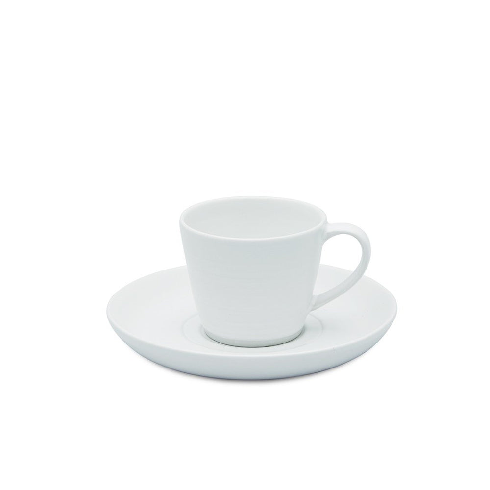 A white Daylesford espresso cup on a white saucer.