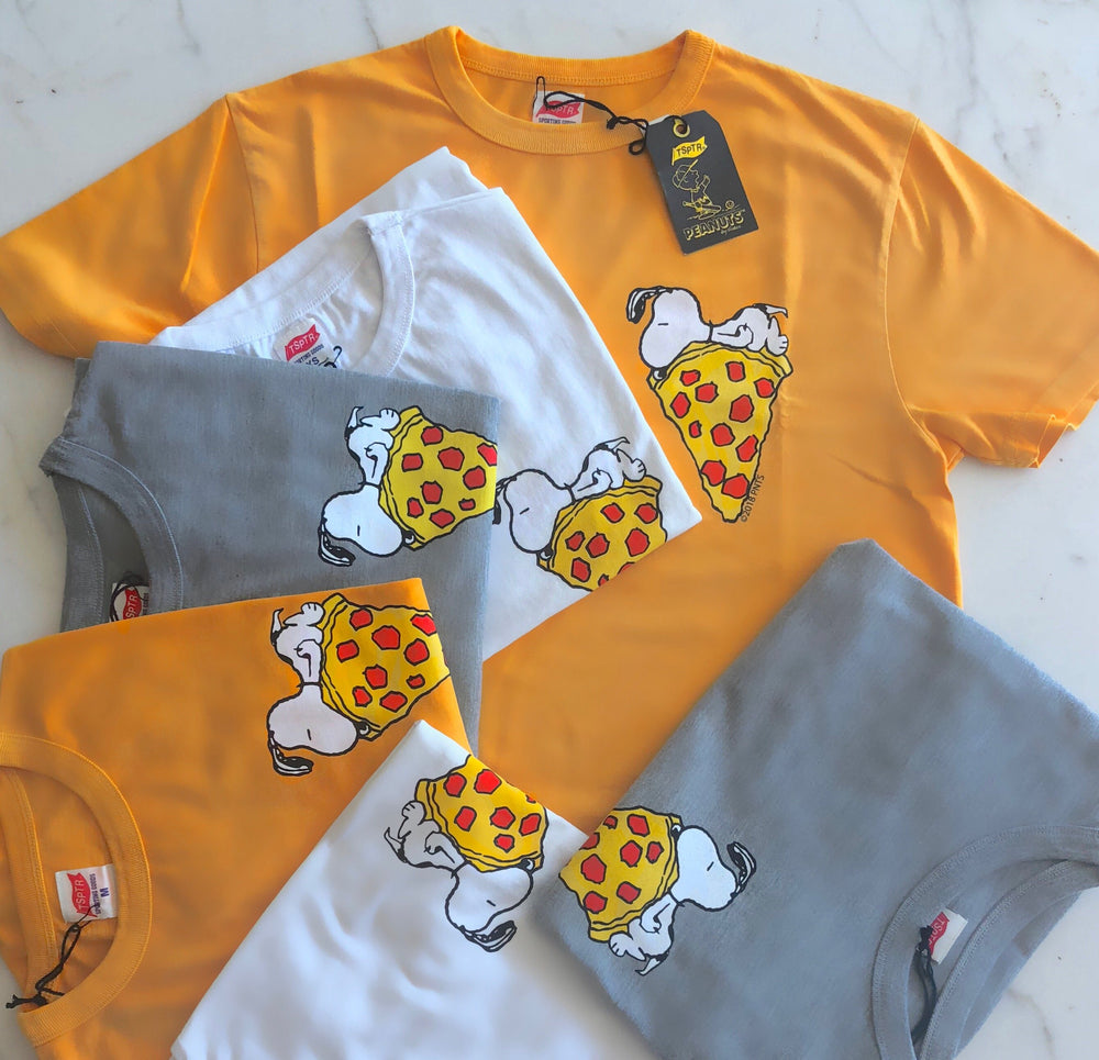 TSPTR Snoopy Pizza T-Shirt. Orange, gray and white shirts with a design of snoopy laying on top of a slice of pizza