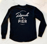 Ranch at the Pier Long-sleeve Henley in black with white text