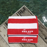 One Gun Malibu Cabana Beach Towels. Red and white stripped design. 