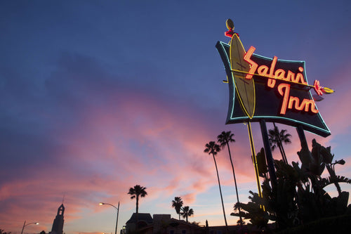 A photograph of a neon sign located on the streets of Los Angeles. There clouds are pink and the sky is blue. There are buildings on the bottom and palm trees in the distance. The sign has a neon yellow outlined surfboard, and red neon lettering saying 