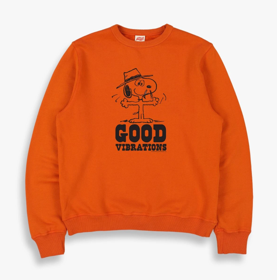 TSPTR Good Vibrations Pullover. Orange sweater with a design of Snoopy wearing a fedora on it. The words good Vibration underneath it. 
