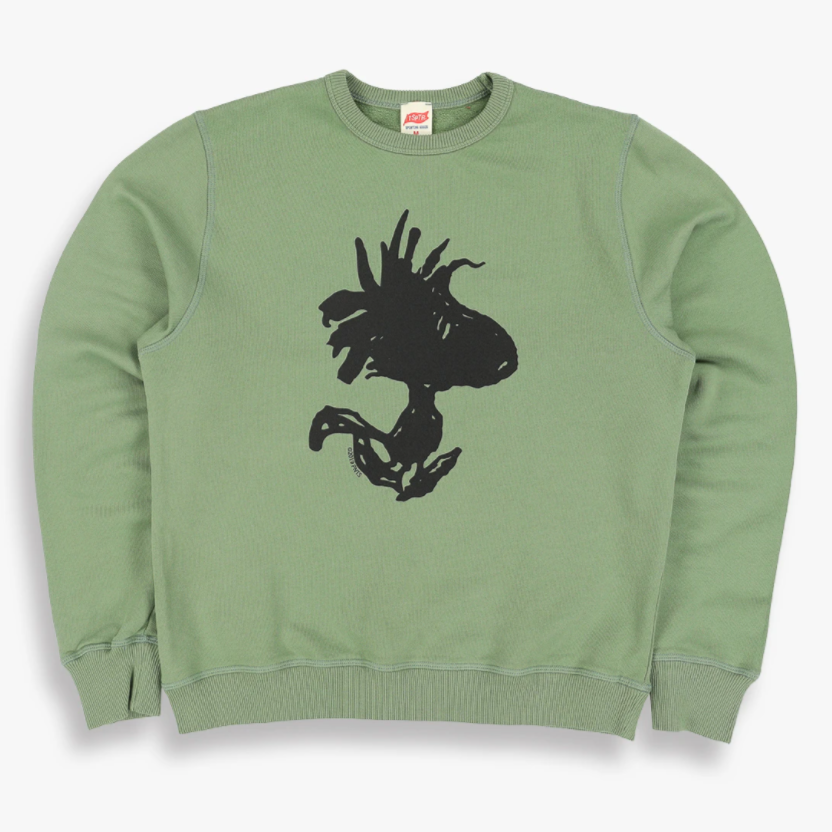 Green TSPTR Any Road Pullover. In the center there is a design of woodstock from Snoopy