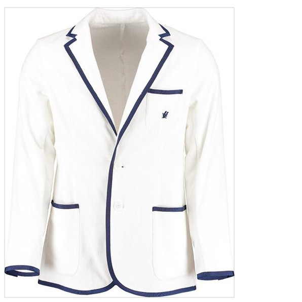 A white with blue lining on the pockets and wrists. This Toweling blazer is made from terry velour. Sheared on the outside giving the blazer a super soft velvety finish. The terry cloth is looped on the inside like your standard beach towel, like a robe it'll actually get you dry. 