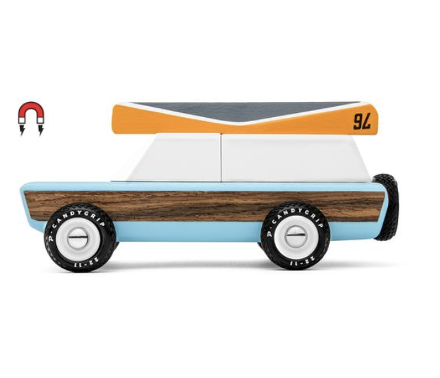 Candylab pioneer truck. Solid Beech Wood, water-based paint and clear urethane coat.  ABS plastic rims, with rubber tires. Has a magnetic topper. 