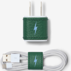 Chaos leather charger sticker and cable wrap. Leather is green with a blue one gun lightning bolt down the middle 