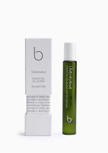 A green translucent bottle with a white twist on lid bottle and box say Bamford shavasana essential oil blend protection. 100% Organic ingredients, certified Organic by the Soil Association. 4 x 8ml