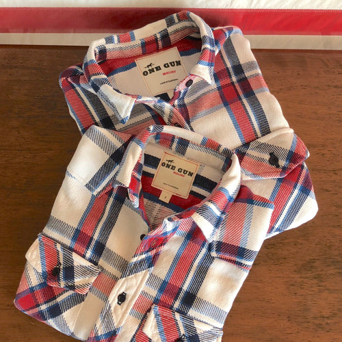 One Gun Ranch MENS Flannel. Red, white and blue flannel design. Made in Los Angeles. 