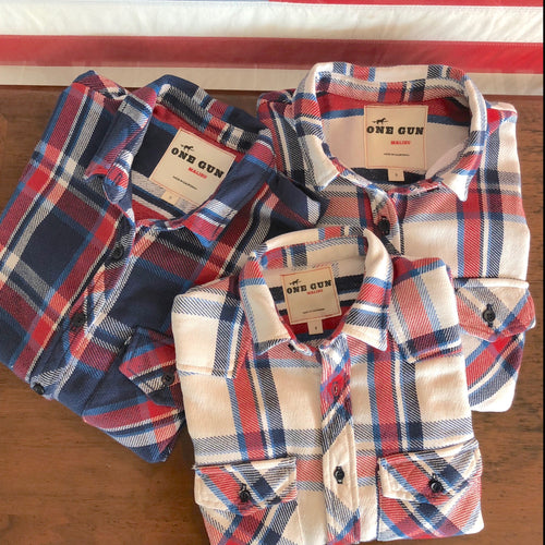 One Gun Ranch Kid's Flannel. Red, white and blue flannel design. Made in Los Angeles. 