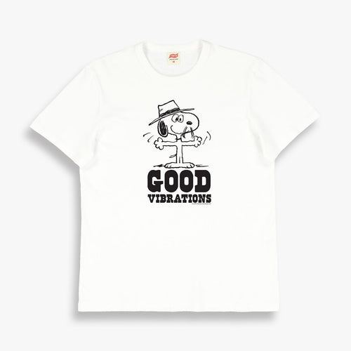 TSPTR Good Vibrations T-Shirt. White shirt with the design of snoopy wearing a fedora and the words Good Vibrations underneath 