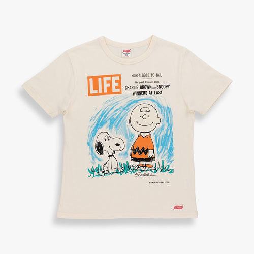 TSPTR Life Magazine T-Shirt. Beige shirt with a Life MAgazine cover of Charlie Brown and Snoopy on it. 