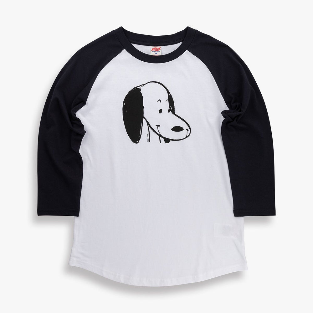 TSPTR Snoopy Raglan T-Shirt. White shirt with black sleeves. A design of snoopy on the front. 