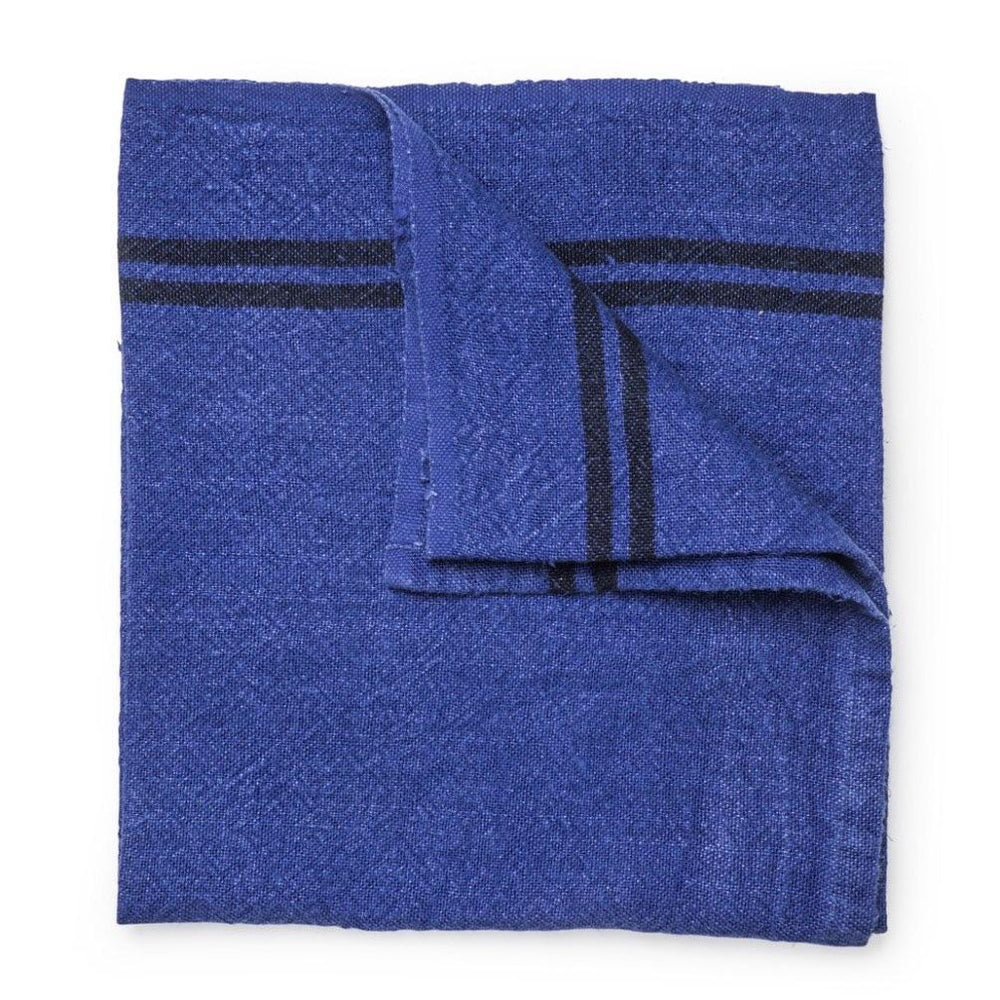 Daylesford Vetra blue linen with two black stripes. 160cm x 280cm