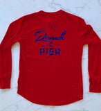 Ranch at the Pier Long-sleeve Henley in red with blue text