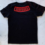 One Gun Surfrider T-Shirt. Black shirt with Surfrider written in red text across the back. 