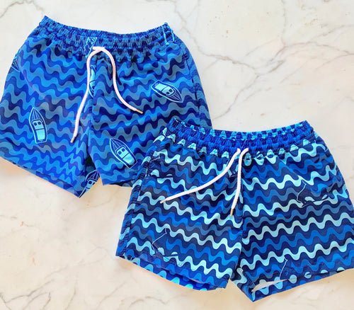 Frescobol and Ranch at the Pier surfer trunks. Printed with a graphic wave design, this pair of large 'Copacabana' swim shorts is made from lightweight technical fabric. 