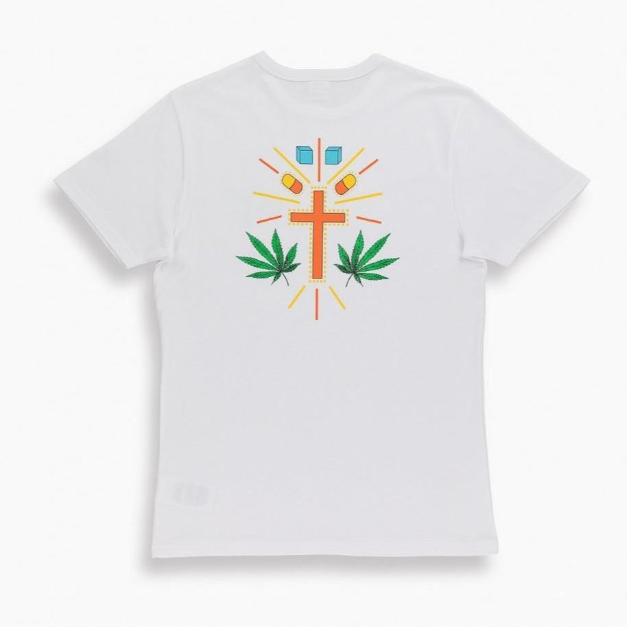 TSPTR Gram T-shirt. Short sleeve white shirt with a cross in the middle surrounded by pills and weed leaves