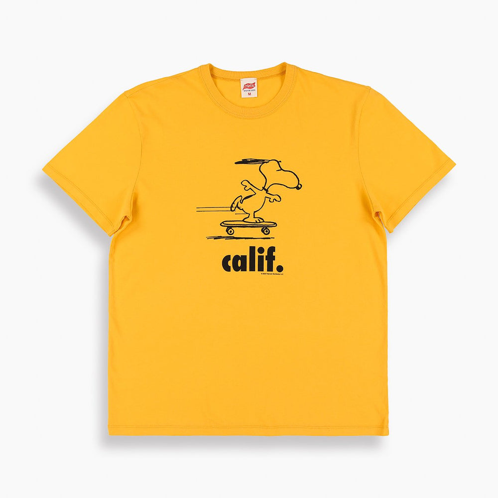 Yellow Peanuts Calif T-Shirt with a design of snoopy skateboarding.  Edit alt text