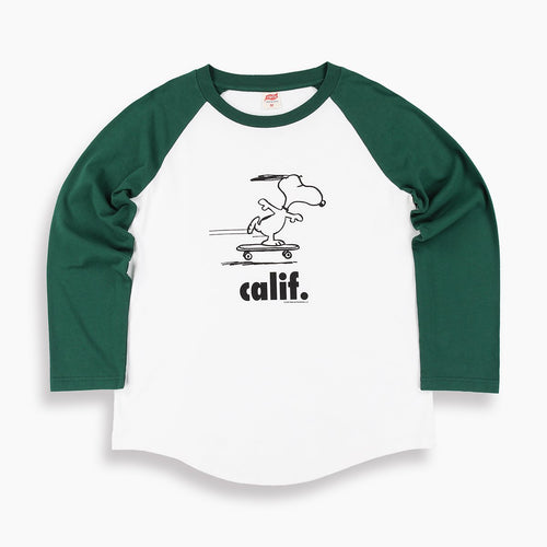 Green sleeved Peanuts Calif Raglan with a design of snoopy skateboarding 