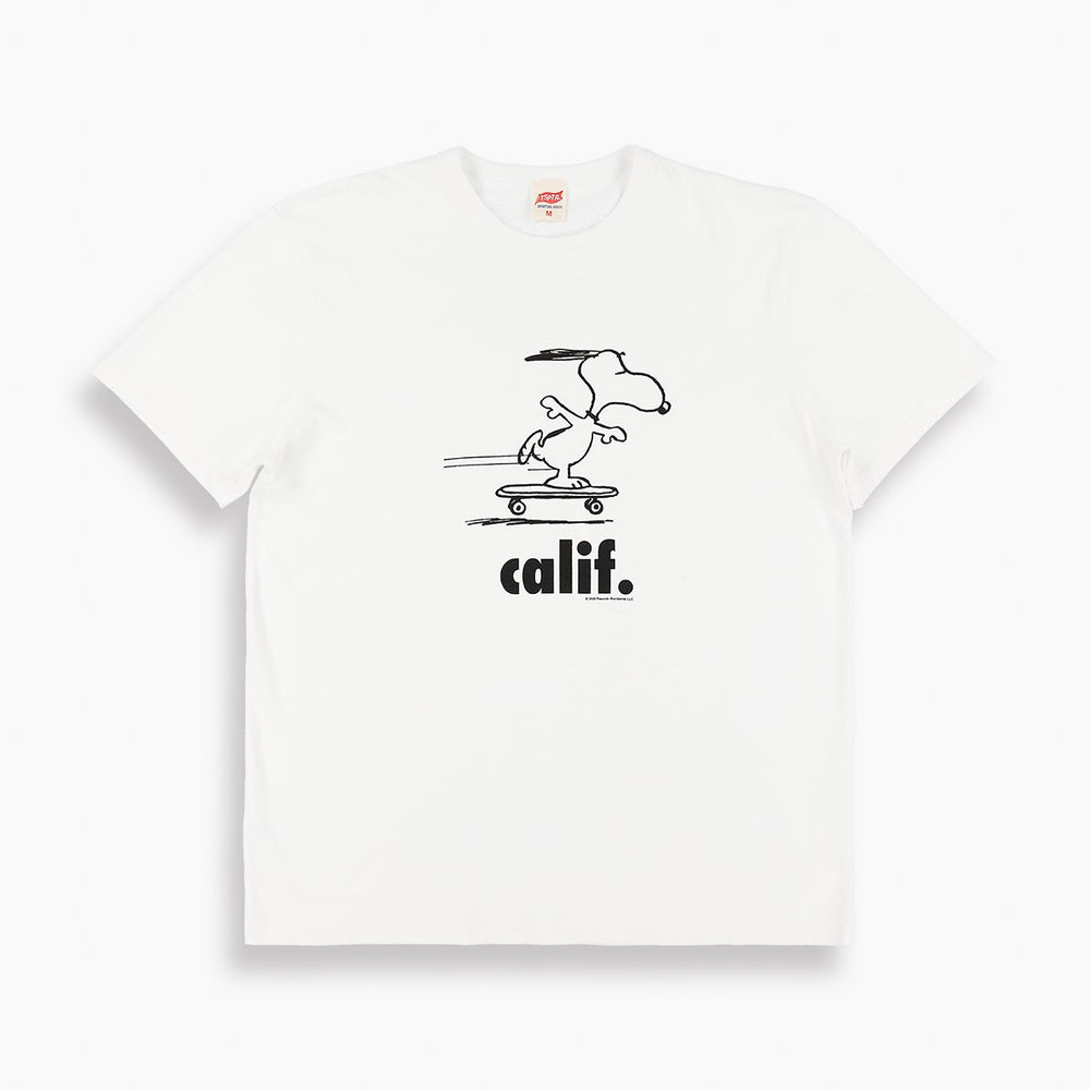 White Peanuts Calif T-Shirt with a design of snoopy skateboarding.  Edit alt text