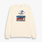 Cream sweater with a design in the center on the front. The design says Snoopy for President in red and blue. On top of the word Snoopy is Snoopy  himself wearing an airplane helmet and goggles. 