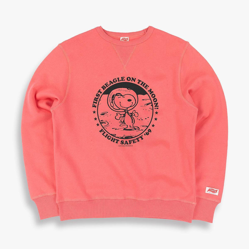TSPTR Snoopy First Beagle On The Moon Sweatshirt. Pink sweater with a design of snoopy in an astronaut uniform on the moon. Around it it says First Beagle on the moon. Flight safety '69