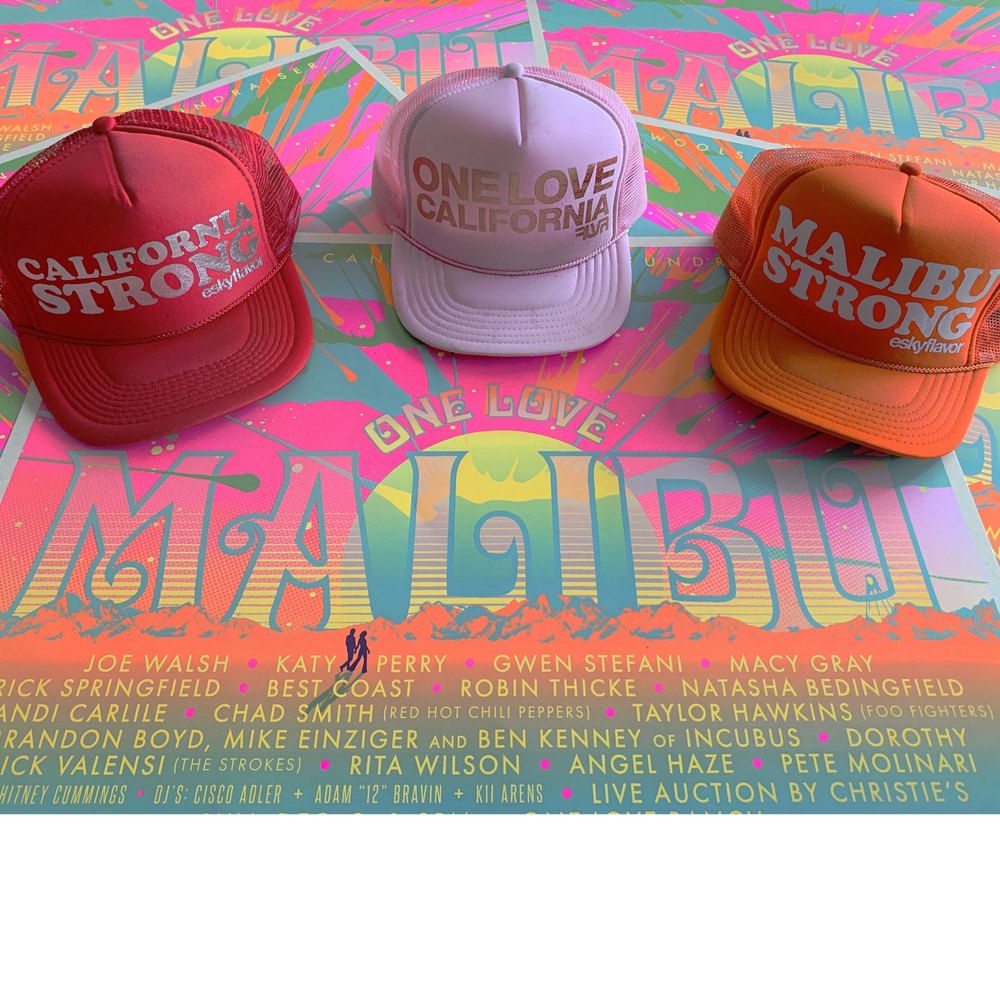 California Strong ESKY Hat. The left is red with text saying California Strong. The middle is pink with the text One love California. The right is orange with the words Malibu Strong.