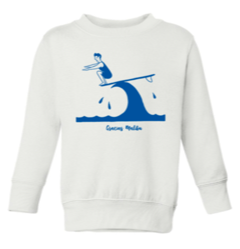 Kids Gracias Malibu white sweatshirt with a blue print design of a man surfing on a wave crouching down at the end of a surfboard. The text at the bottom reads gracias Malibu. 