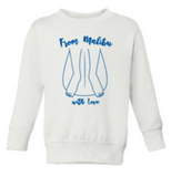 Kids gracias california sweatshirt in white with a blue image of feet at the end of a surfboard. The text reads from malibu with love. 