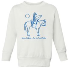Kids white sweatshirt with a blue outline drawing of a woman riding a horse and holding a surfboard. Underneath the text reads gracias california X one gun ranch malibu